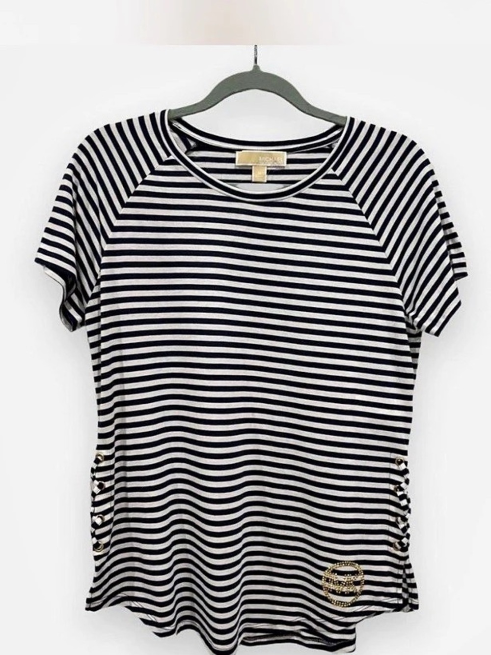 MICHAEL Michael Kors Navy White Striped Lace-Up Side Gold Logo Coastal Tee M